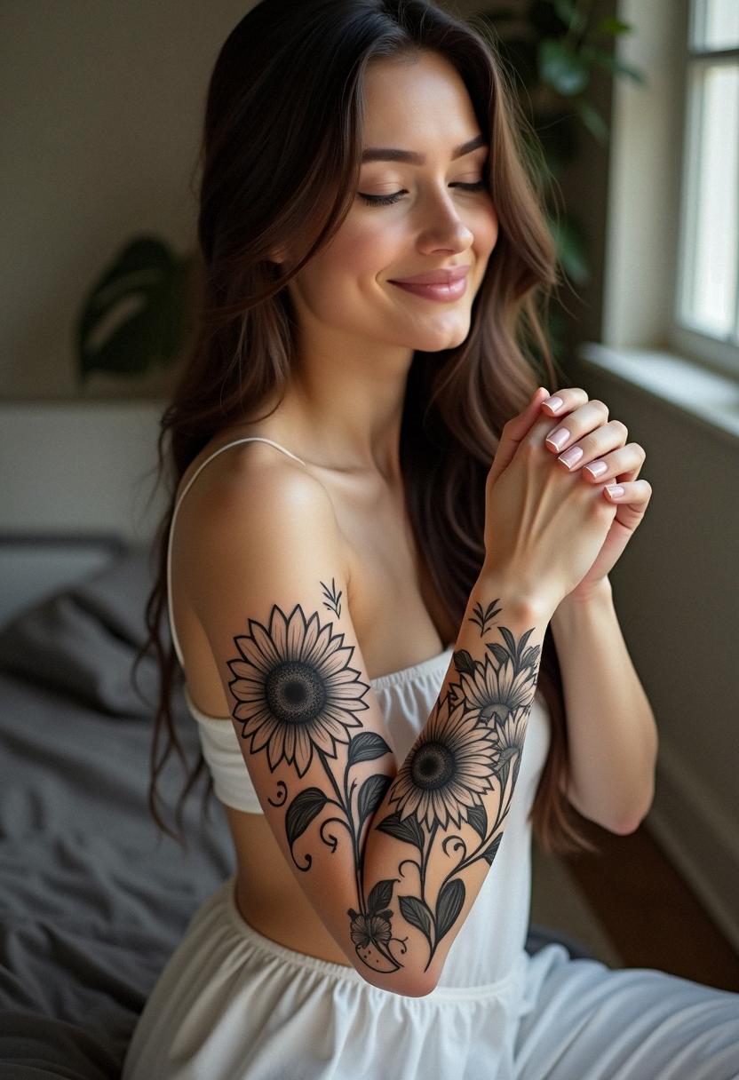 black and white sunflower tattoo