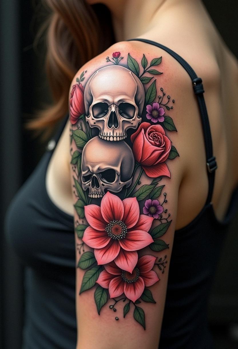 flower tattoos with skulls