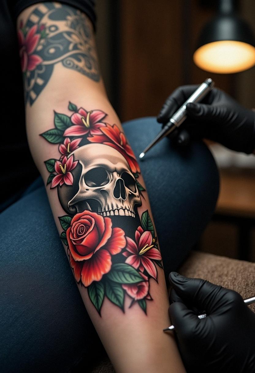 flower tattoos with skulls