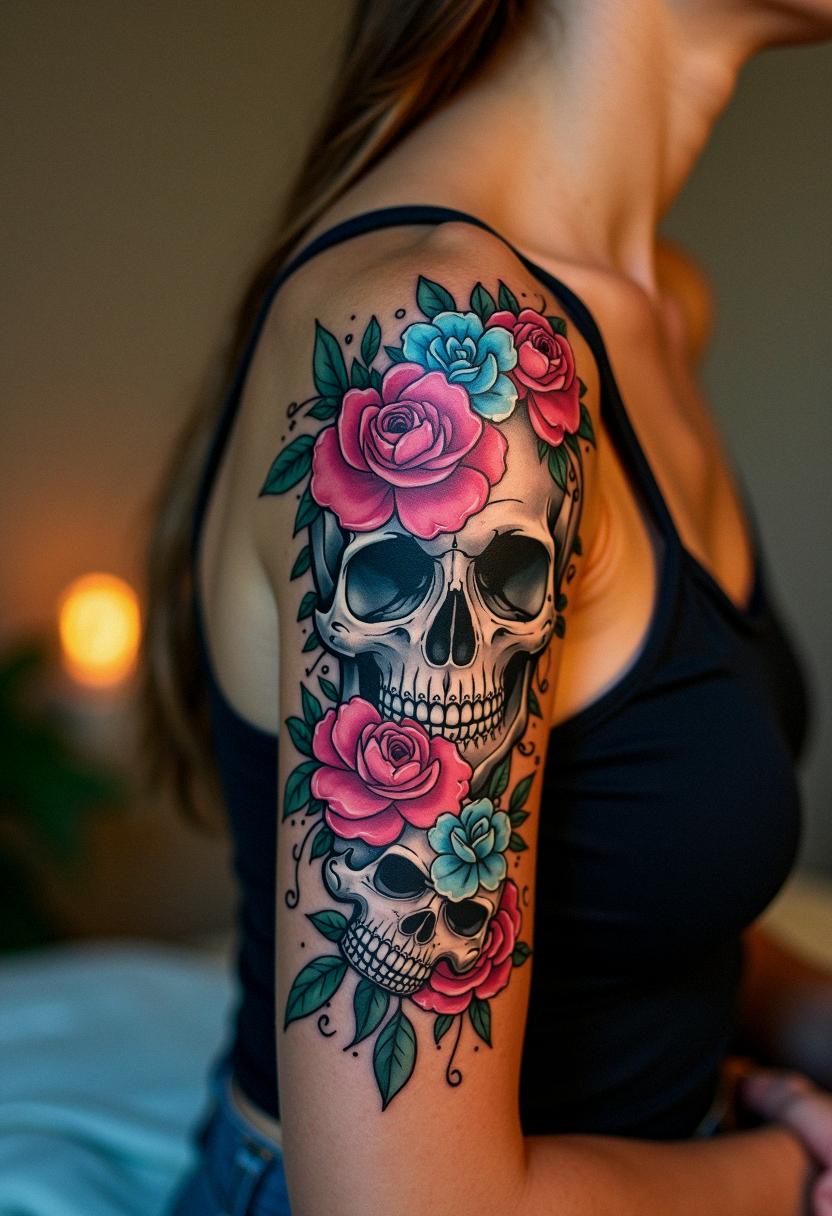 flower tattoos with skulls