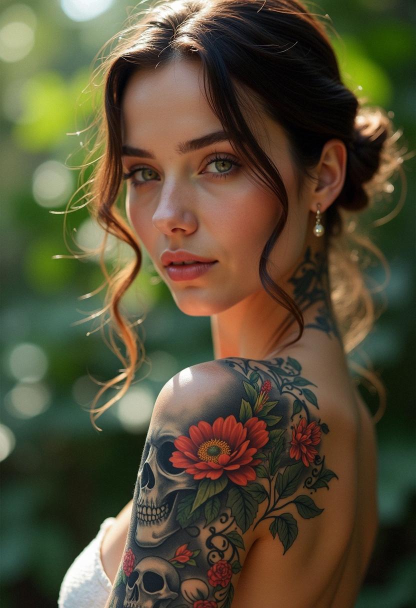 flower tattoos with skulls