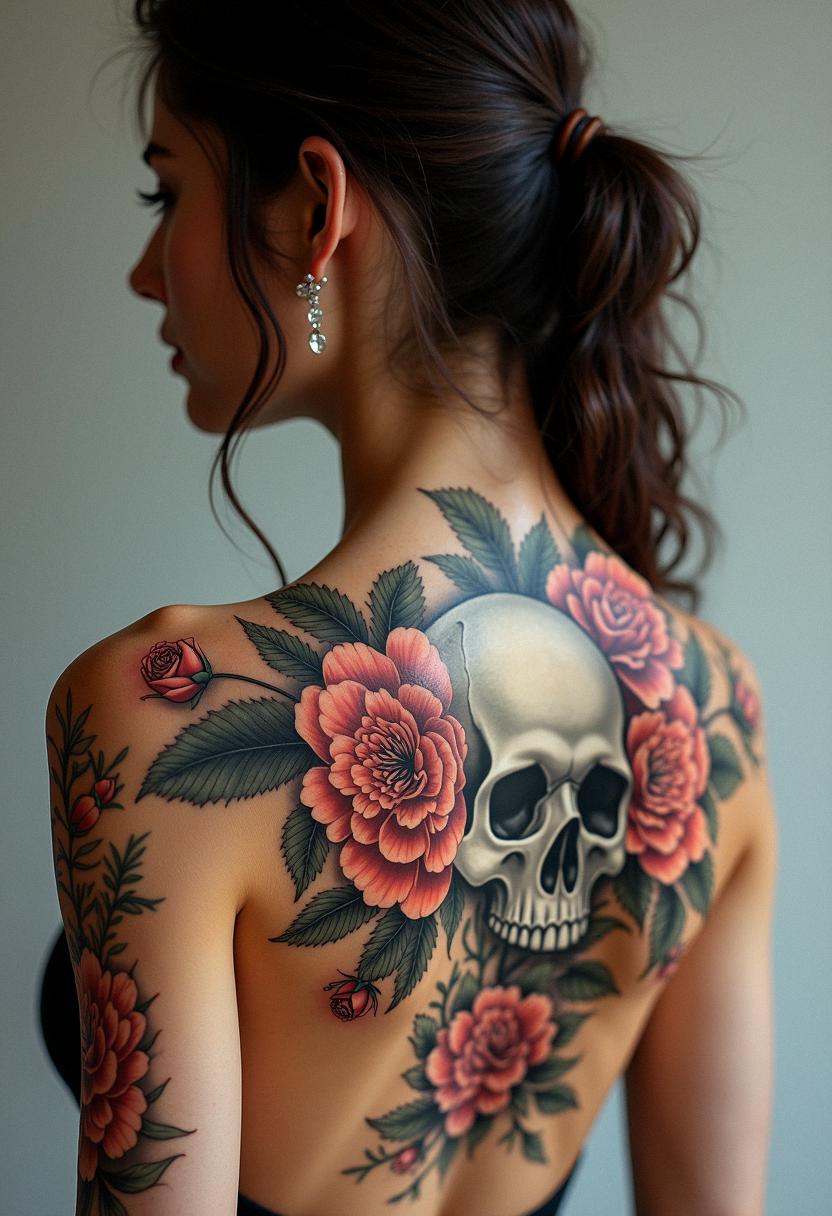 flower tattoos with skulls
