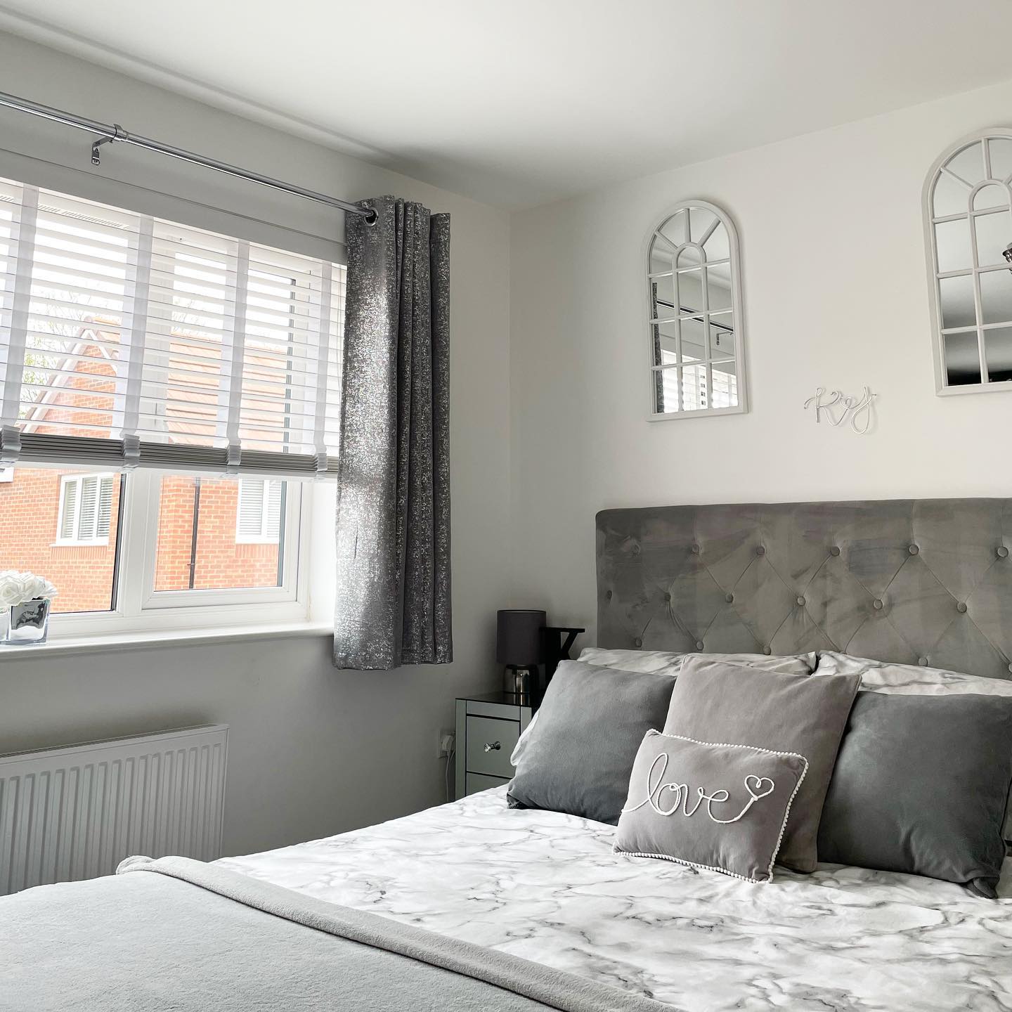 grey and white bedroom