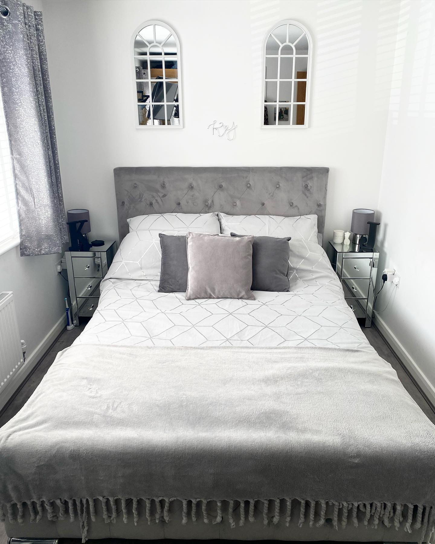 grey and white bedroom