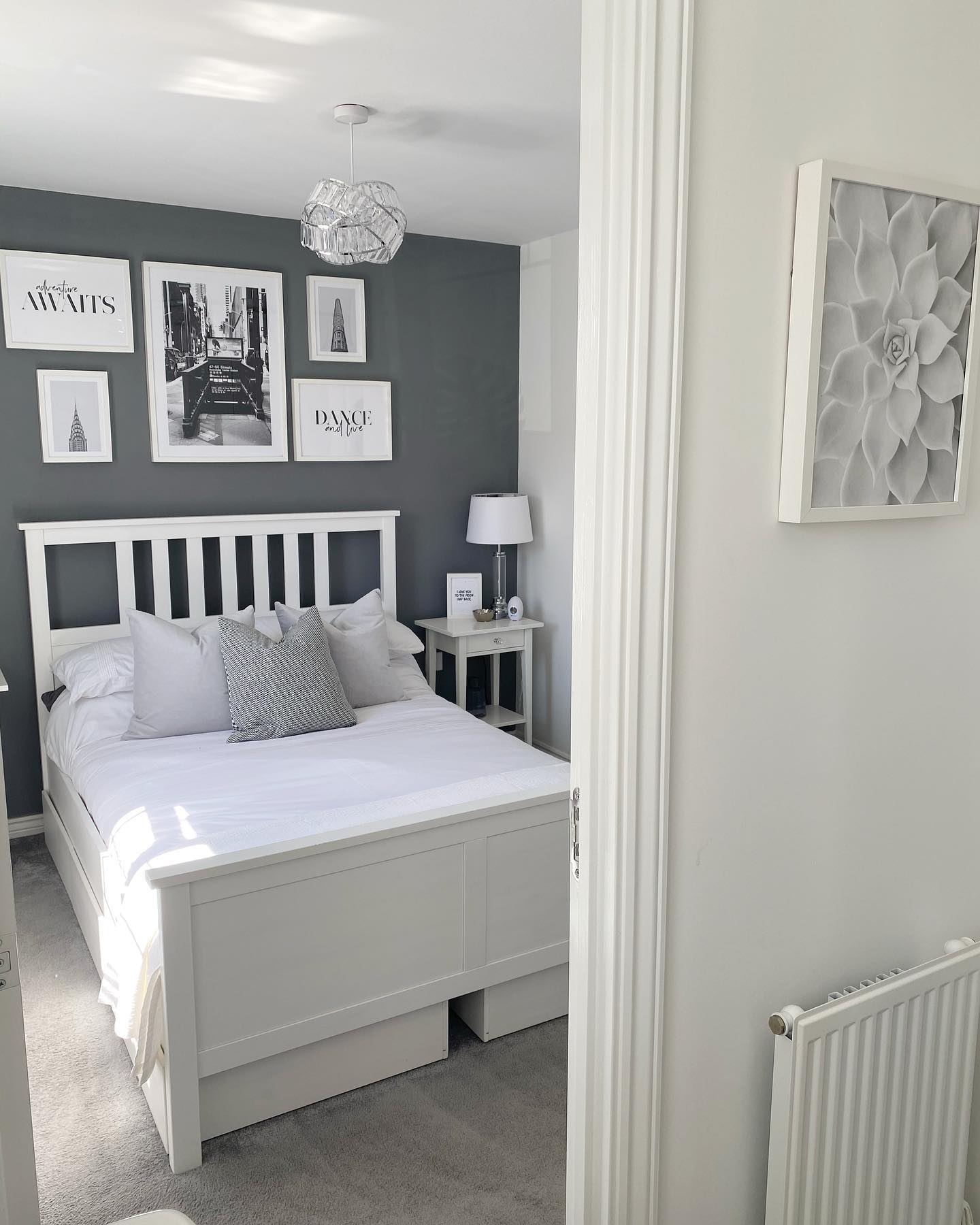 grey and white bedroom