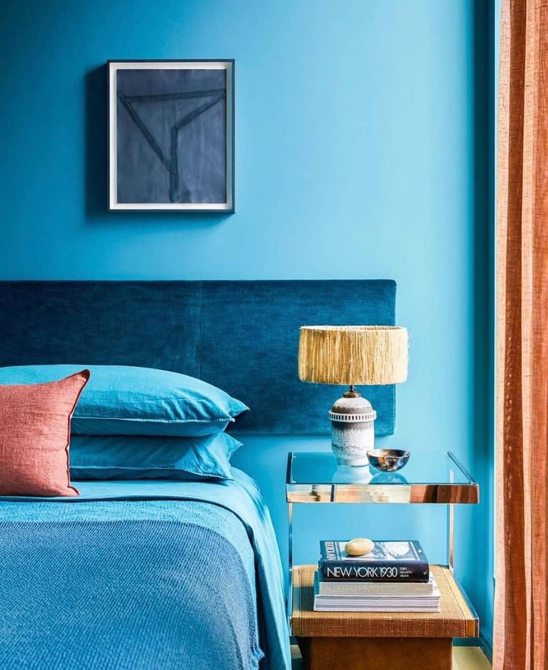 monochromatic blue bedroom