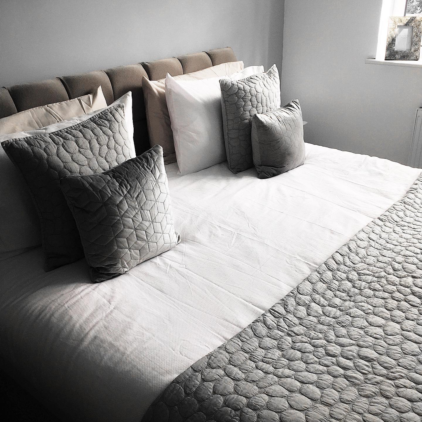 grey and white bedroom